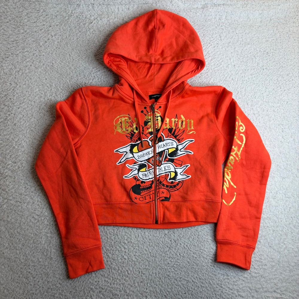 NEW Ed Hardy Womens Apricot Orange Cropped Zip Hoodie Tattoo XL EHW1800-37 Crop